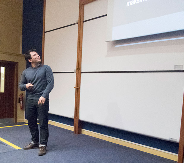 Maksim Misin (standing in for Maxim Fedorov)  at the BioC 2015 meeting at Glasgow University, School of Chemistry